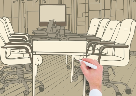 Digital composite of 3D hand drawing office lines. With brown colorsの写真素材