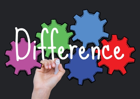 Digital composite of Hand drawing graphic of DIFFERENCE with color cogs. dark background