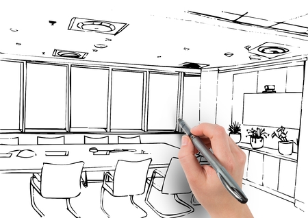 Digital composite of 3D hand drawing office linesの写真素材