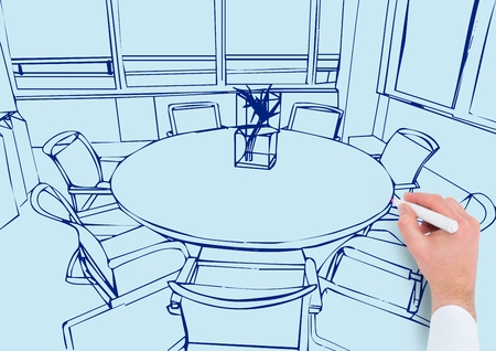 Digital composite of hand drawing office blue lines on light blue backgroundの写真素材