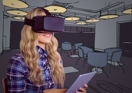Digital composite of Woman in virtual reality headset with tablet against purple hand drawn office
