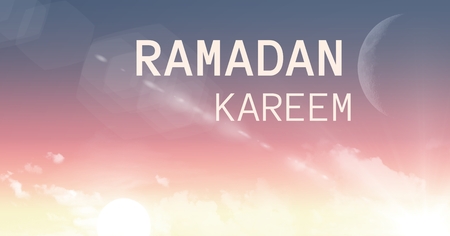 Digital composite of White ramadan text against evening sky and moon with flareの写真素材