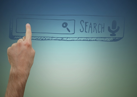 Digital composite of Hand pointing at 3d search bar against blue green backgroundの写真素材