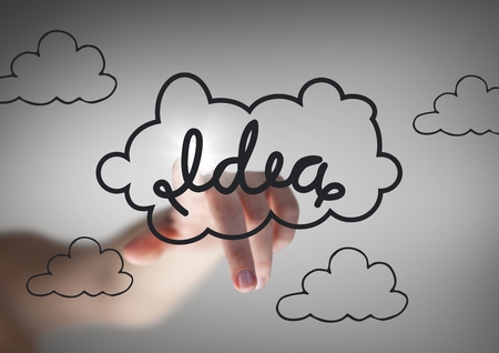 Digital composite of Hand pointing 3d grey idea doodle with flare against grey backgroundの写真素材