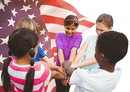 Digital composite of Happy children putting their hands together for independence day against 3d american flagの写真素材
