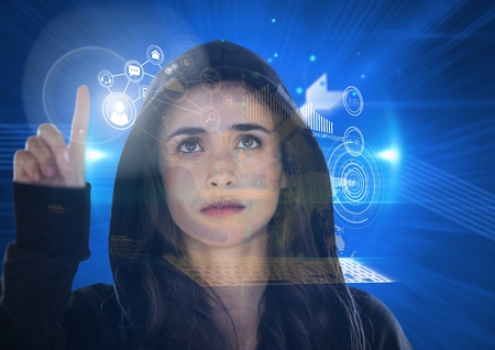 Digital composite of Woman hacker touching the 3d screen with his finger