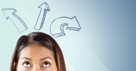 Digital composite of Top of woman's head looking up at upward 3d arrows against blue backgroundの写真素材