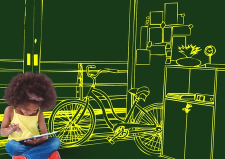 Digital composite of girl with tablet sit on the floor. office yellow lines on green backgroundの写真素材