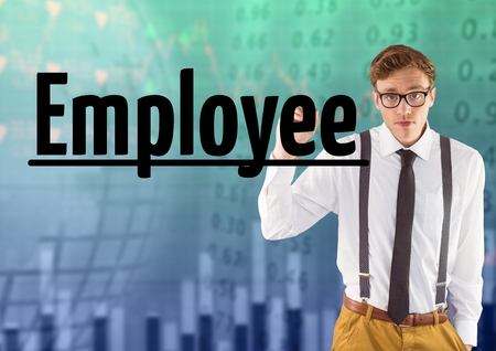 Digital composite of Young man writing EMPLOYEE on the screen against 3d Stock market backgroundの写真素材