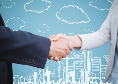 Digital composite of Handshake against blue background with 3d white city doodleの写真素材