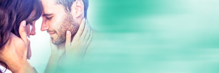 Digital composite of Couple face to face with blurry green transitionの写真素材