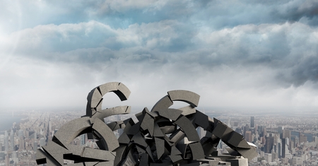 Digital composite of 3D Broken concrete stone in cityscapeの写真素材