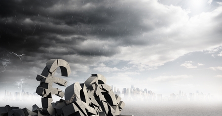 Digital composite of 3D Broken concrete stone with euro symbol in cityscapeの写真素材