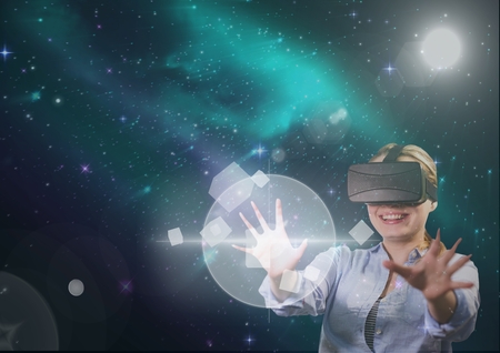 Digital composite of Woman in VR headset touching interface against green and purple space...