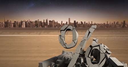 Digital composite of 3D Broken concrete stone with percent symbol  in cityscape