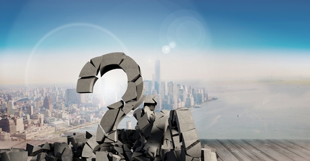 Digital composite of 3D Broken concrete stone with Question symbol  in cityscape