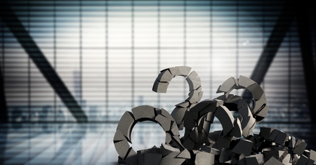 Digital composite of 3D Broken concrete stone with Question symbol in cityscapeの写真素材