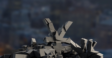 Digital composite of 3D Broken concrete stone with money Yen symbol in cityscapeの写真素材