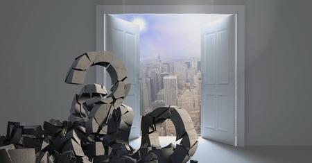 Digital composite of 3D Broken concrete stone with question symbol  in cityscape