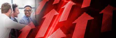 Digital composite of Business meeting by window with red and black arrow transition