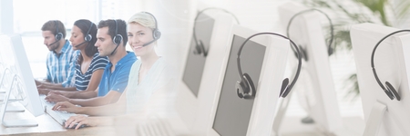 Digital composite of Customer service assistants  with headsets with bright computer backgroundの写真素材
