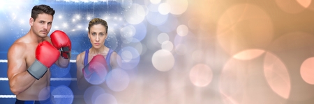 Digital composite of Boxer fighter man and woman with sparkling light bokeh transition 3dの写真素材