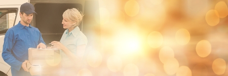 Digital composite of Delivery Courier holding box with client with transition effectの写真素材