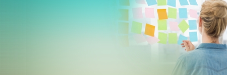 Digital composite of Back of woman looking at sticky notes and green transition