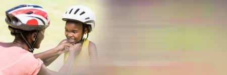 Digital composite of Mother fixing daughters helmet and motion blur transition 3dの写真素材