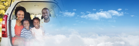 Digital composite of Family in car with transition effect and copy spaceの写真素材