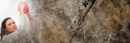 Digital composite of Frustrated woman with piggy bank and brown grunge copy space transition