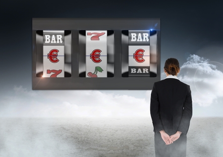 Digital composite of Back of Woman Looking at 3d casino slot machineの写真素材