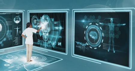 Digital composite of Woman doctor interacting with 3d medical interfaces
