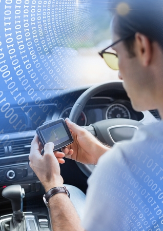 Digital composite of Man holding GPS in car with transition effect