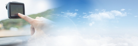 Digital composite of Hand touching GPS in car with copy space transition effectの写真素材