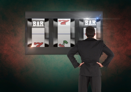 Digital composite of Back of Man Looking at 3d casino slot machineの写真素材