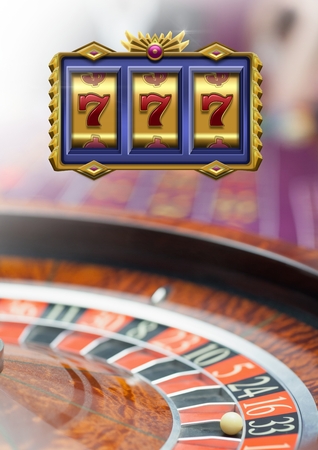 Digital composite of 3d Casino slot machine 7s in front of roulette