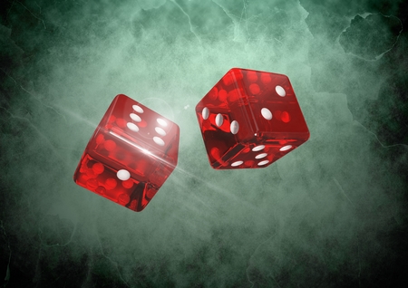 Digital composite of 3d Red Pair of dice on green vignetteの写真素材