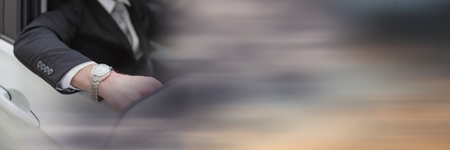 Digital composite of Business man in car with transition effect and copy spaceの写真素材