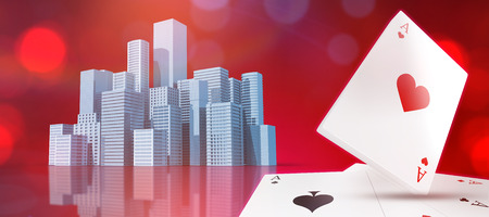 Digital 3D image of playing cards with ace of hearts on top against composite image of a digital...