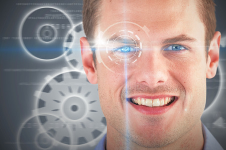 3D image of close up portrait of smiling handsome man against dark grey background