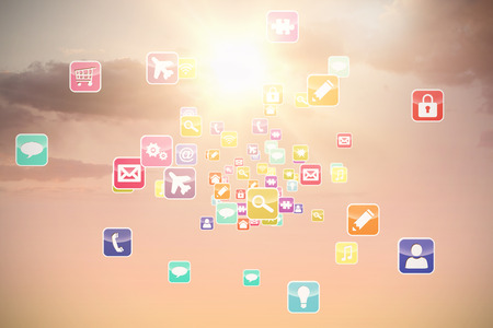 Composite 3d image of colourful computer applications against low angle view of cloudscape in sky
