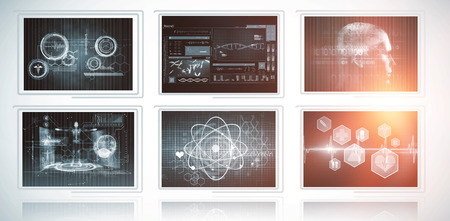 Composite 3D image of different application interface against white background with vignette
