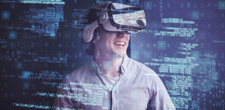 Image of data against man using virtual reality 3D headset