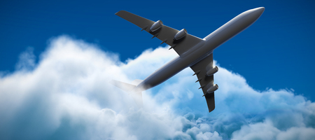 3D image of airplane against low angle view of white clouds against skyの写真素材