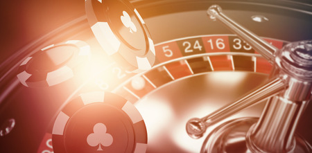 3D image of black casino token with clubs symbol against orange background with vignetteの写真素材