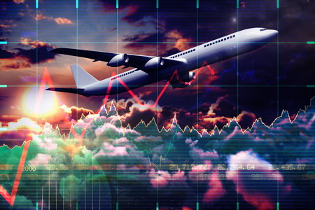 3D graphic airplane against stocks and shares