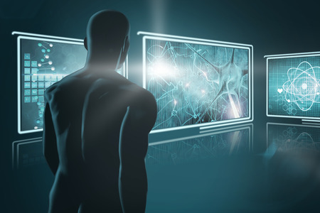 View of a 3D black character against composite image of different interfaceの写真素材