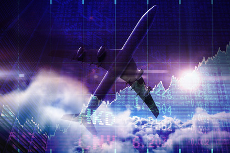3D image of airplane against stocks and shares