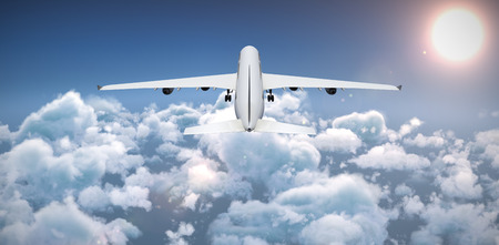 3D graphic airplane against idyllic view of bright sun over cloudscape during sunny day